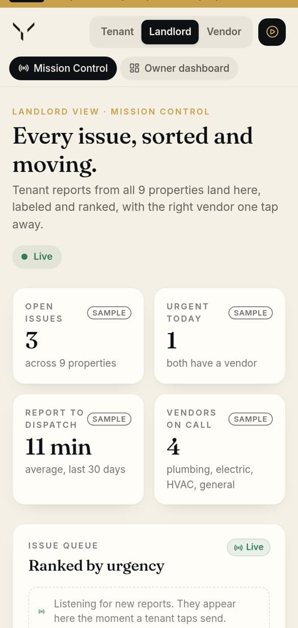 Landlord help desk on a phone: every issue sorted and moving (sample data)