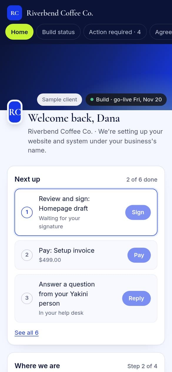 The same client portal on a phone (sample client)