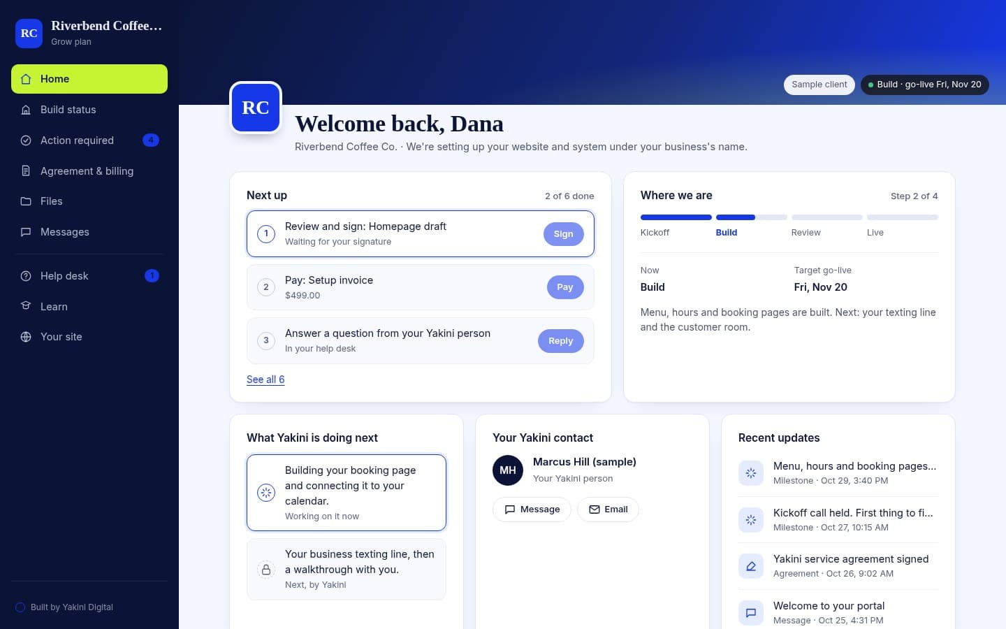 Client portal home: next steps, build progress and go-live date (sample client)